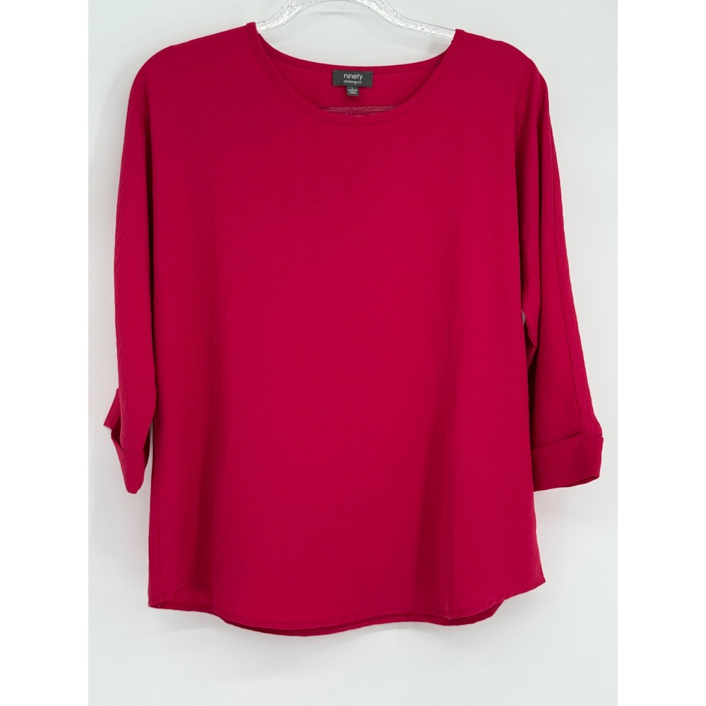 Ninety Clothing Co Magenta 3/4 Sleeve Cuffed Blouse Top Women Sz S Crew Neck